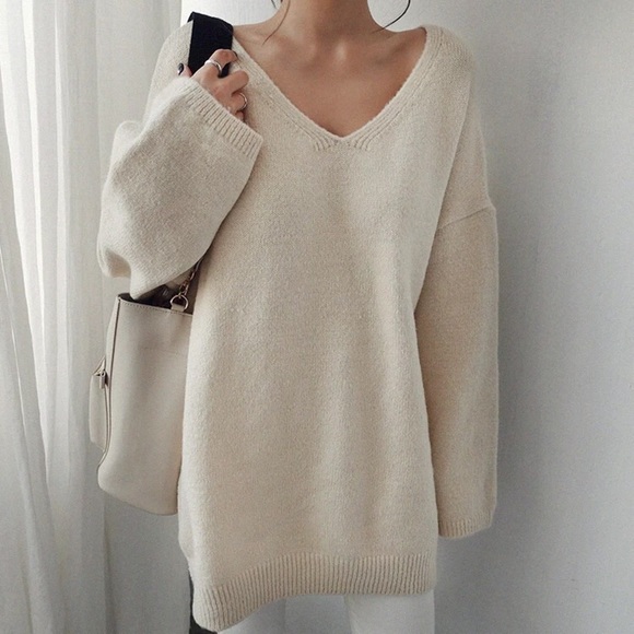 Sweater wool knit loose wide sleeve v-neck khaki cream womens winter top long - Picture 3 of 6